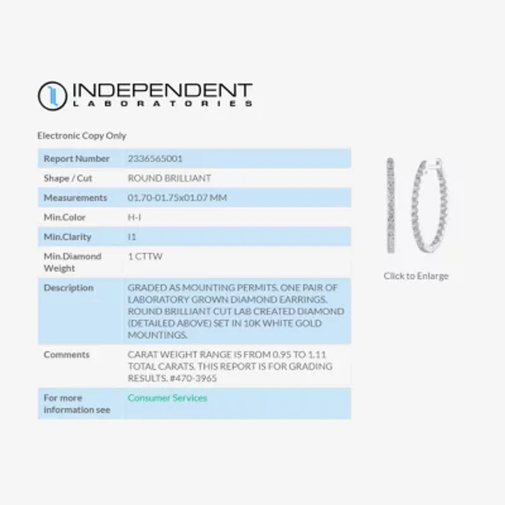 (H-I / I1) 1 CT. T.W. Lab Grown Diamond 10K or 14K White Yellow Gold 25mm Hoop Earrings