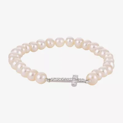 Cultured Freshwater Pearl & Crystal Sideways Cross Stretch Bracelet