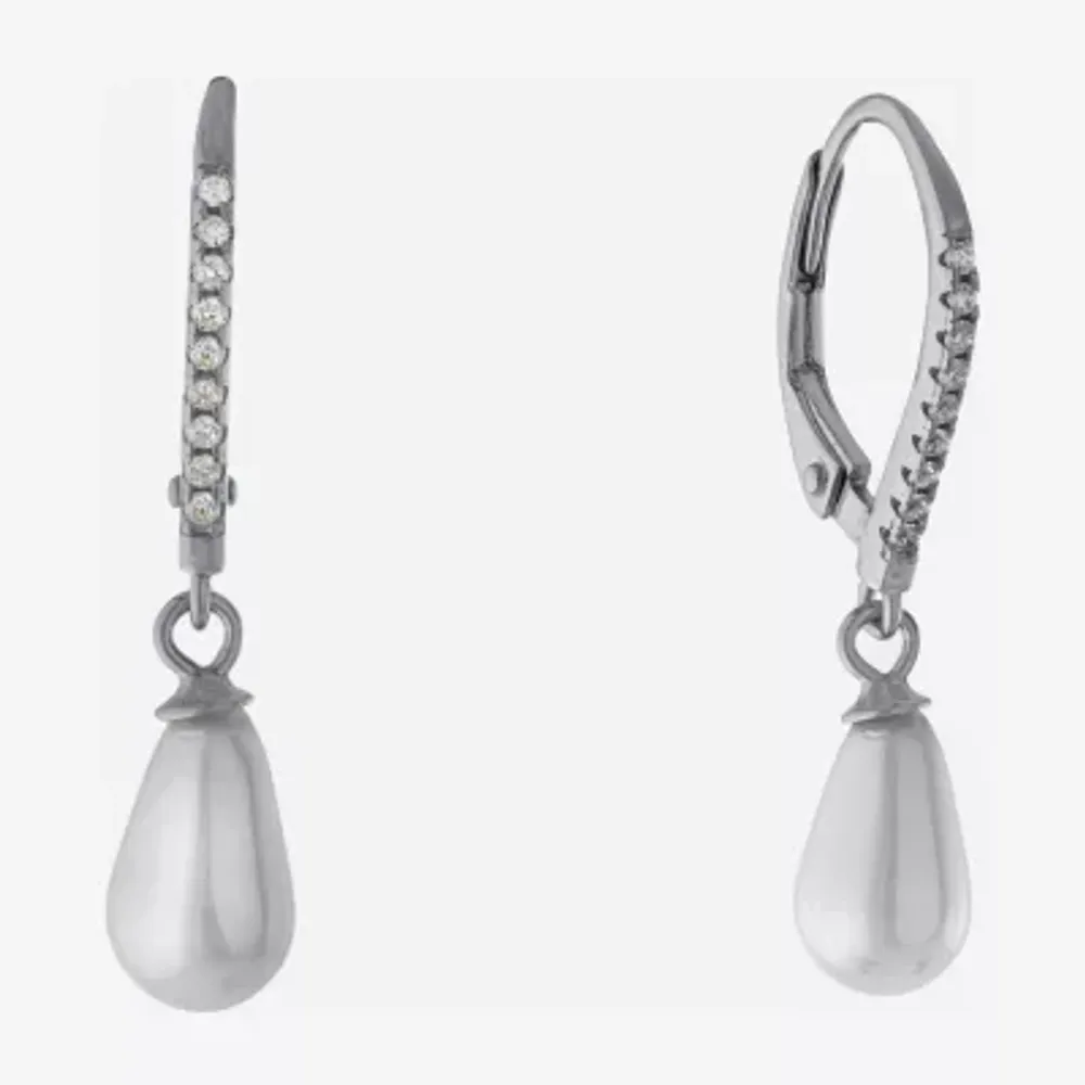 Silver Treasures Womens Simulated Pearl Sterling Silver Round Drop Earrings