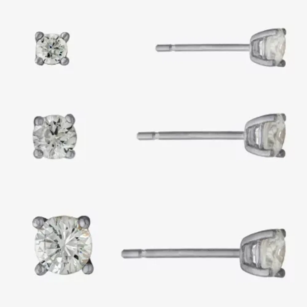 Silver Treasures Womens Cubic Zirconia Sterling Silver Round Pair Earring Set