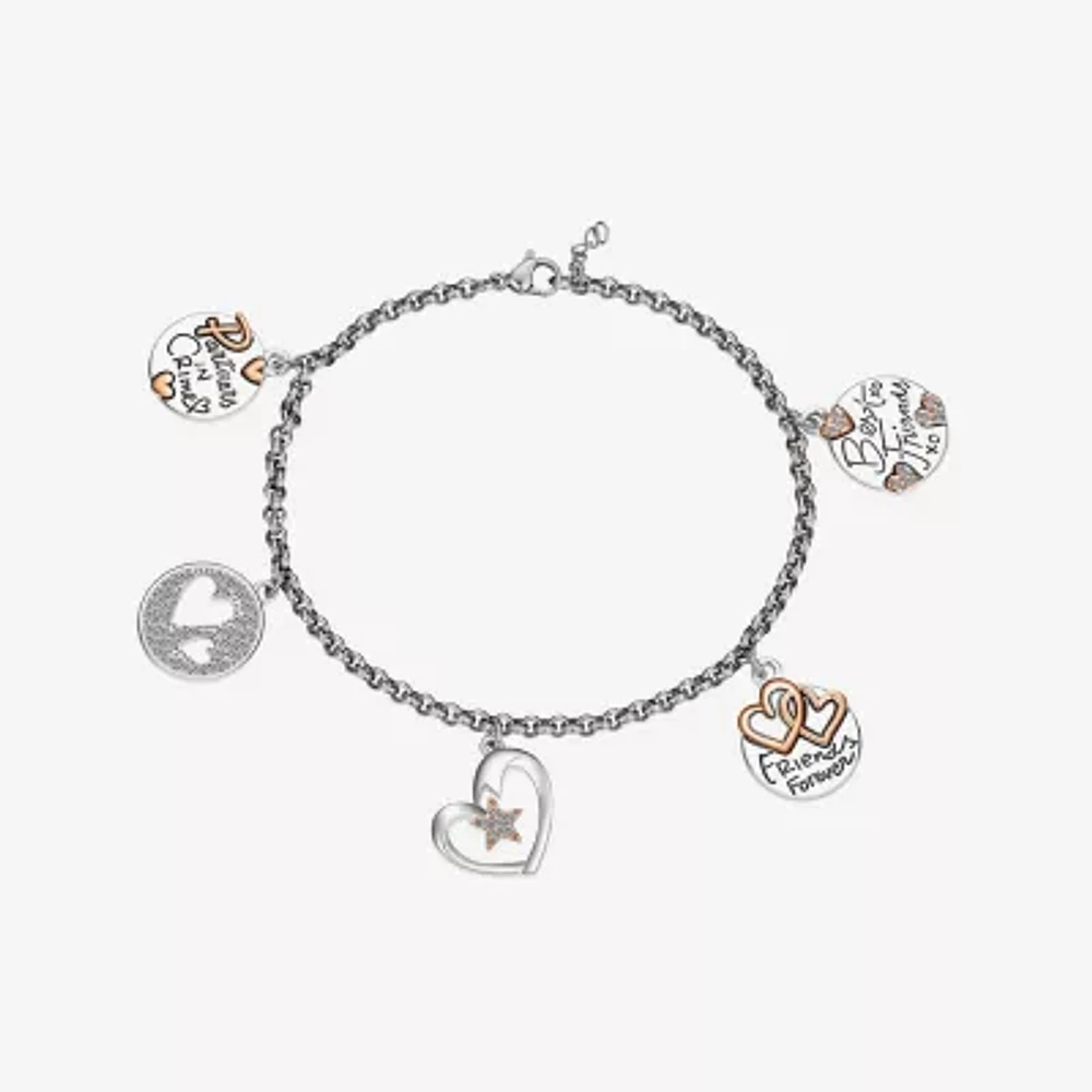Footnotes Friends Womens Crystal Pure Silver Over Brass Stainless Steel Heart Star Charm Bracelet