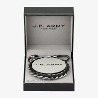 J.P. Army For Men Black Leather Link Mens Stainless Steel Bolo Bracelet