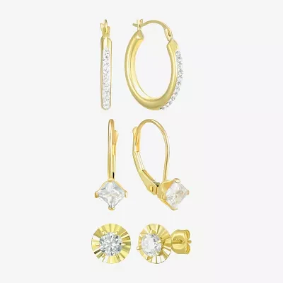 Womens Cubic Zirconia 10K Gold Round 3 Pair Earring Set