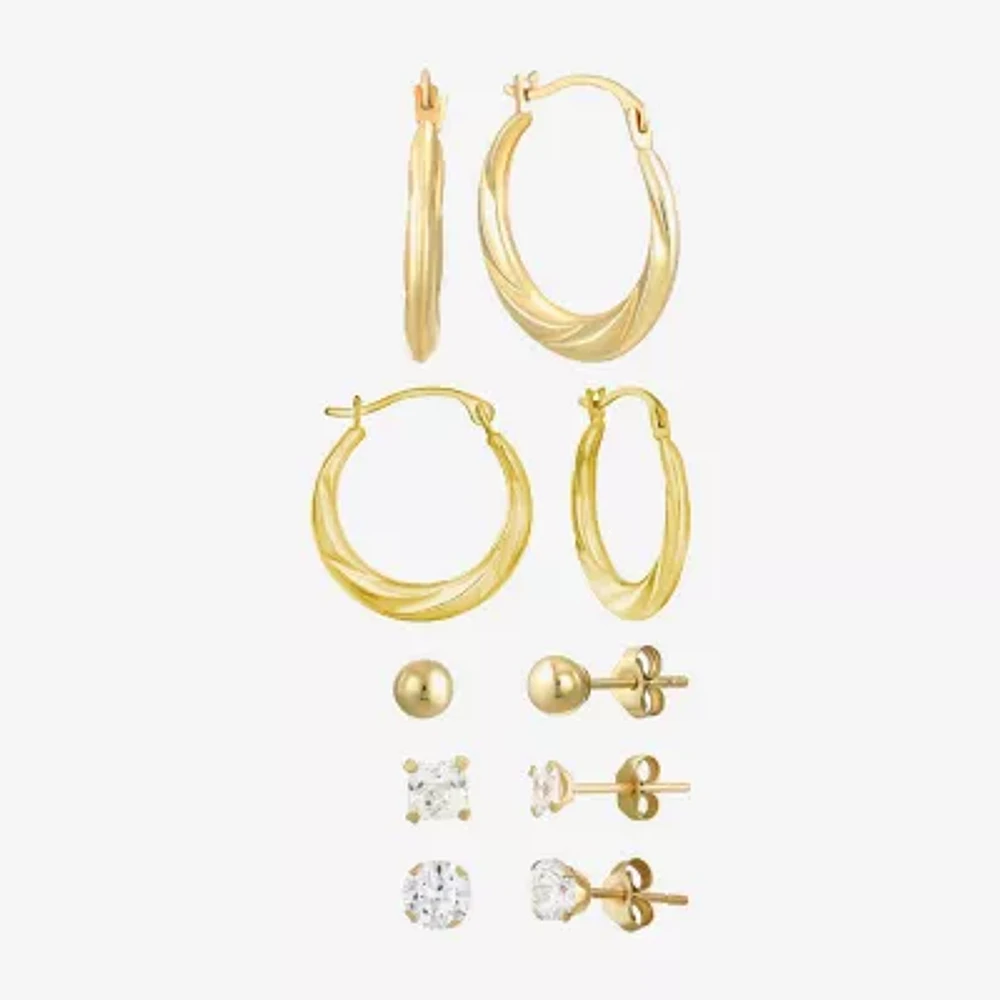 Womens Cubic Zirconia 10K Gold Round Square 5 Pair Earring Set