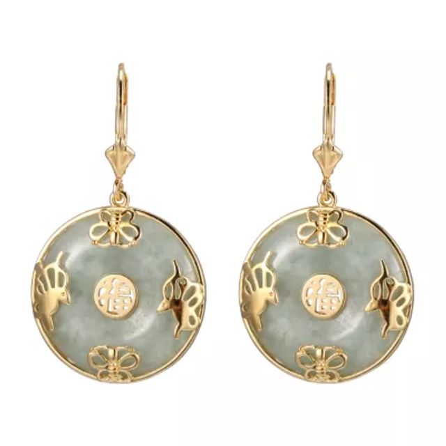 Womens Genuine Green Jade 18K Gold Over Silver Drop Earrings
