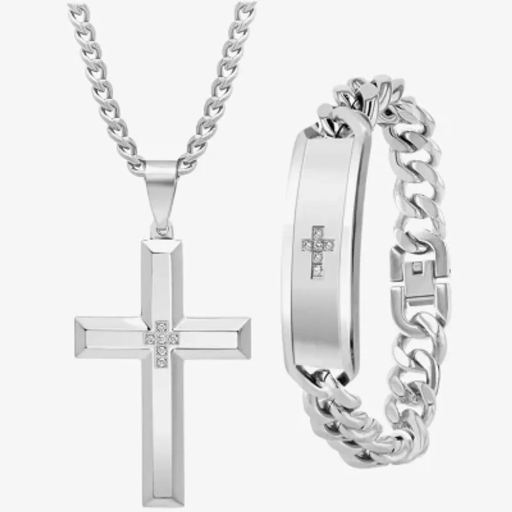 Mens 1/10 CT. T.W. Natural White Diamond Stainless Steel Cross 2-pc. Jewelry Set