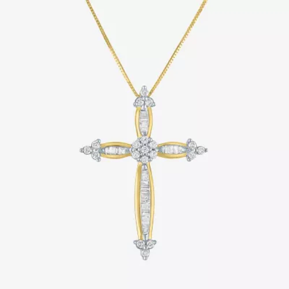 Diamond Blossom Womens 1/3 CT. T.W. Natural White Diamond 10K Gold Cross 18 Inch Pendant Necklace