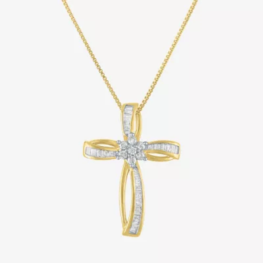 Womens 1/3 CT. T.W. Natural White Diamond 10K Gold Cross 18 Inch Pendant Necklace