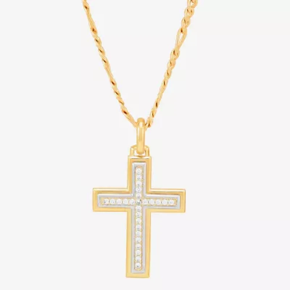Mens White Cubic Zirconia 14K Gold Over Silver Cross 24 Inch Pendant Necklace
