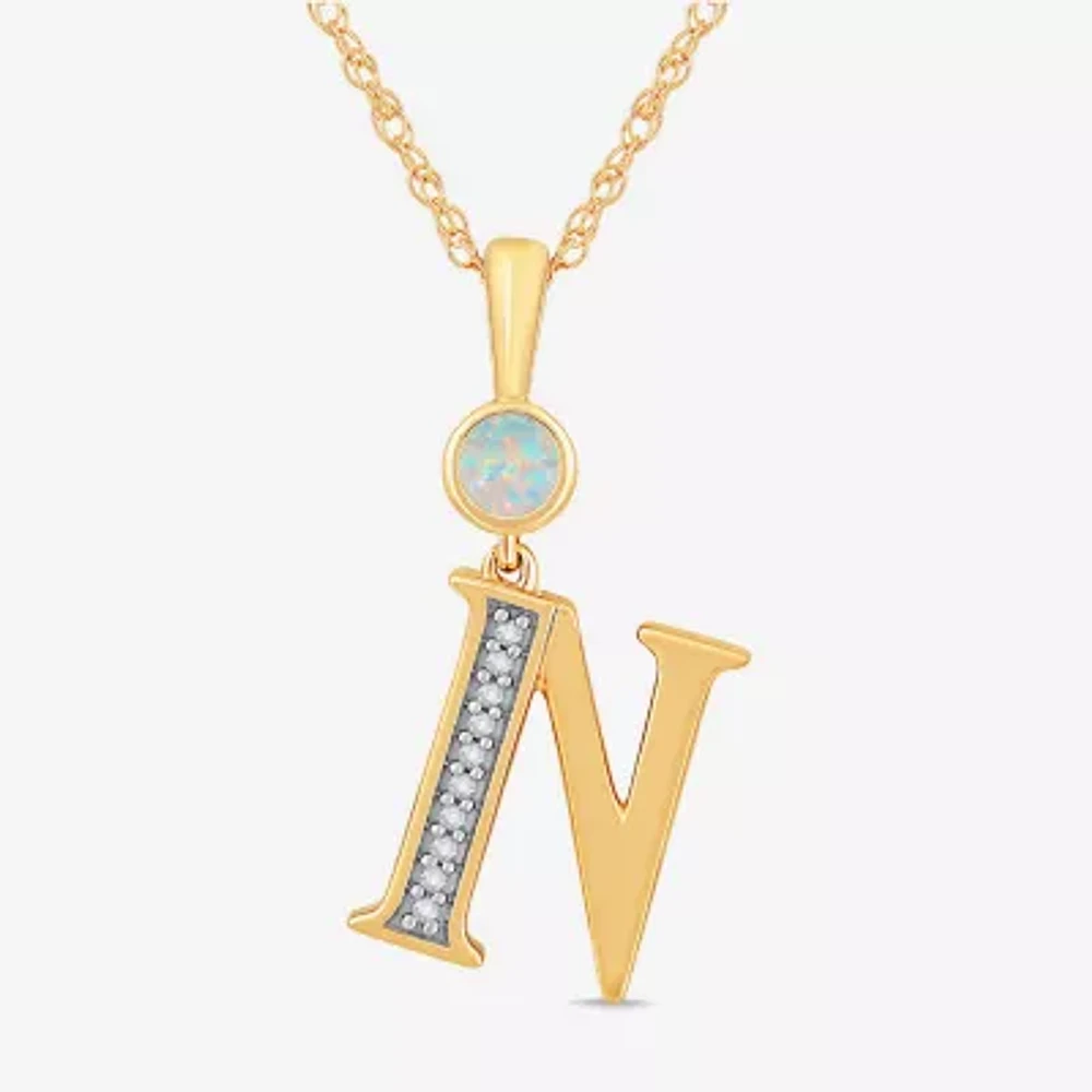 N" Womens Lab Created White Opal 14K Gold Over Silver 18 Inch Pendant Necklace