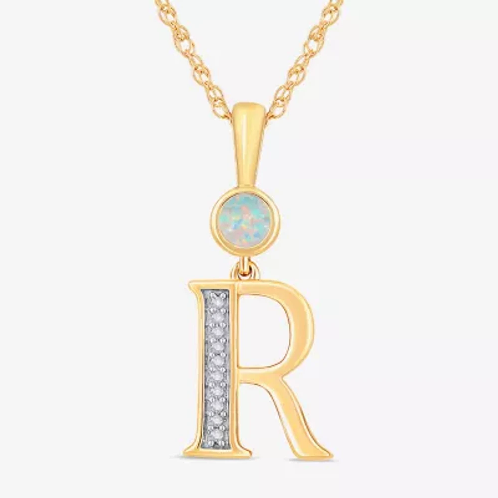 R" Womens Lab Created White Opal 14K Gold Over Silver 18 Inch Pendant Necklace