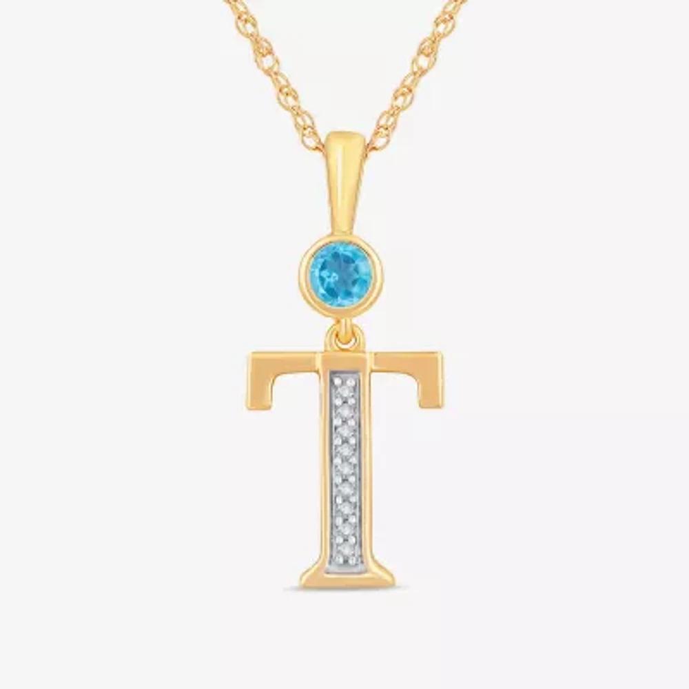 T" Womens Genuine Blue Topaz 14K Gold Over Silver 18 Inch Pendant Necklace