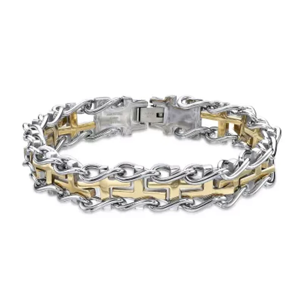Mens Stainless Steel and Gold Ion Plated Cross Link Bracelet