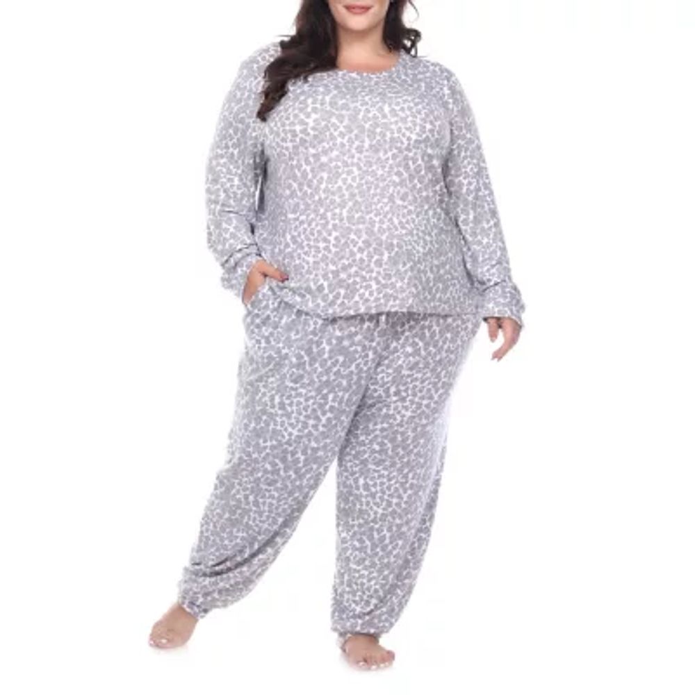 White Mark Womens Round Neck Long Sleeve 2-pc. Plus Pajama Sets