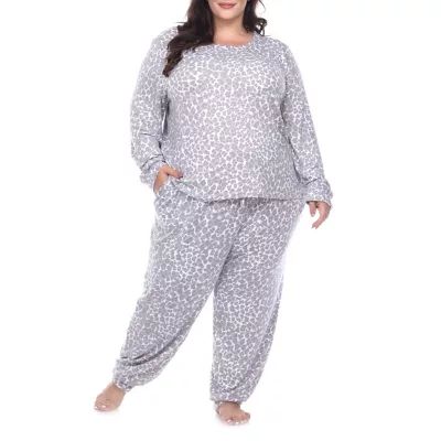 White Mark Womens Round Neck Long Sleeve 2-pc. Plus Pajama Sets