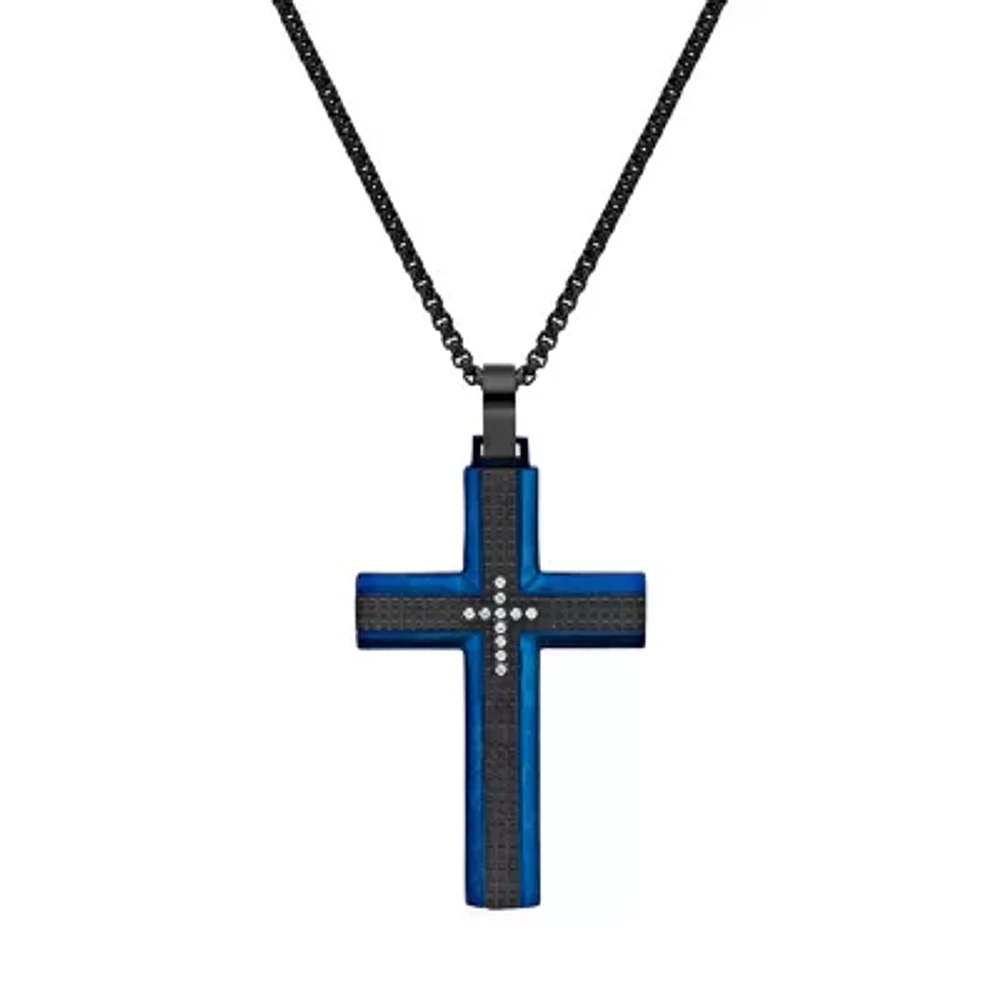 Mens White Cubic Zirconia Stainless Steel Cross 24 Inch Pendant Necklace