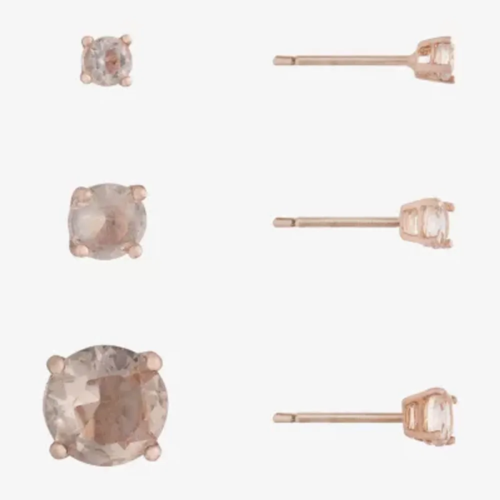 Silver Treasures Womens Pink 14K Rose Gold Over Silver Round 3 Pair Earring Set