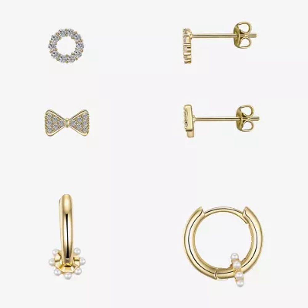 Gratitude & Grace Believe Womens Cubic Zirconia 14K Gold Over Brass Bow 3 Pair Earring Set
