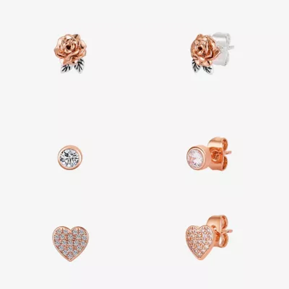 Disney Classics Womens Cubic Zirconia 14k Rose Gold Over Brass Flower Heart Beauty and the Beast Belle Princess 3 Pair Earring Set