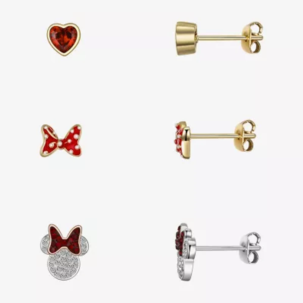 Disney Classics Womens Red Cubic Zirconia 14K Gold Over Brass Bow Minnie Mouse 3 Pair Earring Set