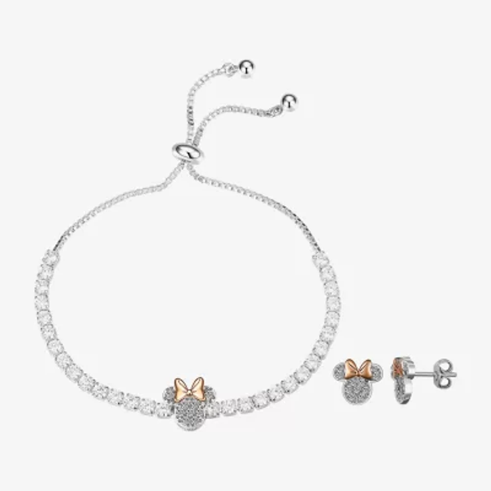 Disney Classics Womens Cubic Zirconia 14k Rose Gold Over Brass Pure Silver Over Brass Bow Minnie Mouse 2-pc. Jewelry Set