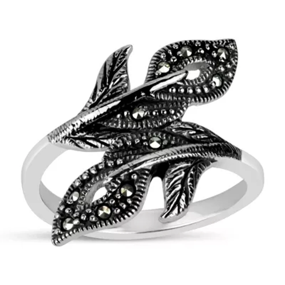 Womens Genuine Black Marcasite Sterling Silver Bypass  Cocktail Ring