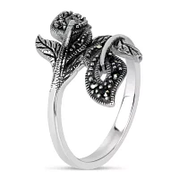 Womens Genuine Black Marcasite Sterling Silver Bypass  Cocktail Ring