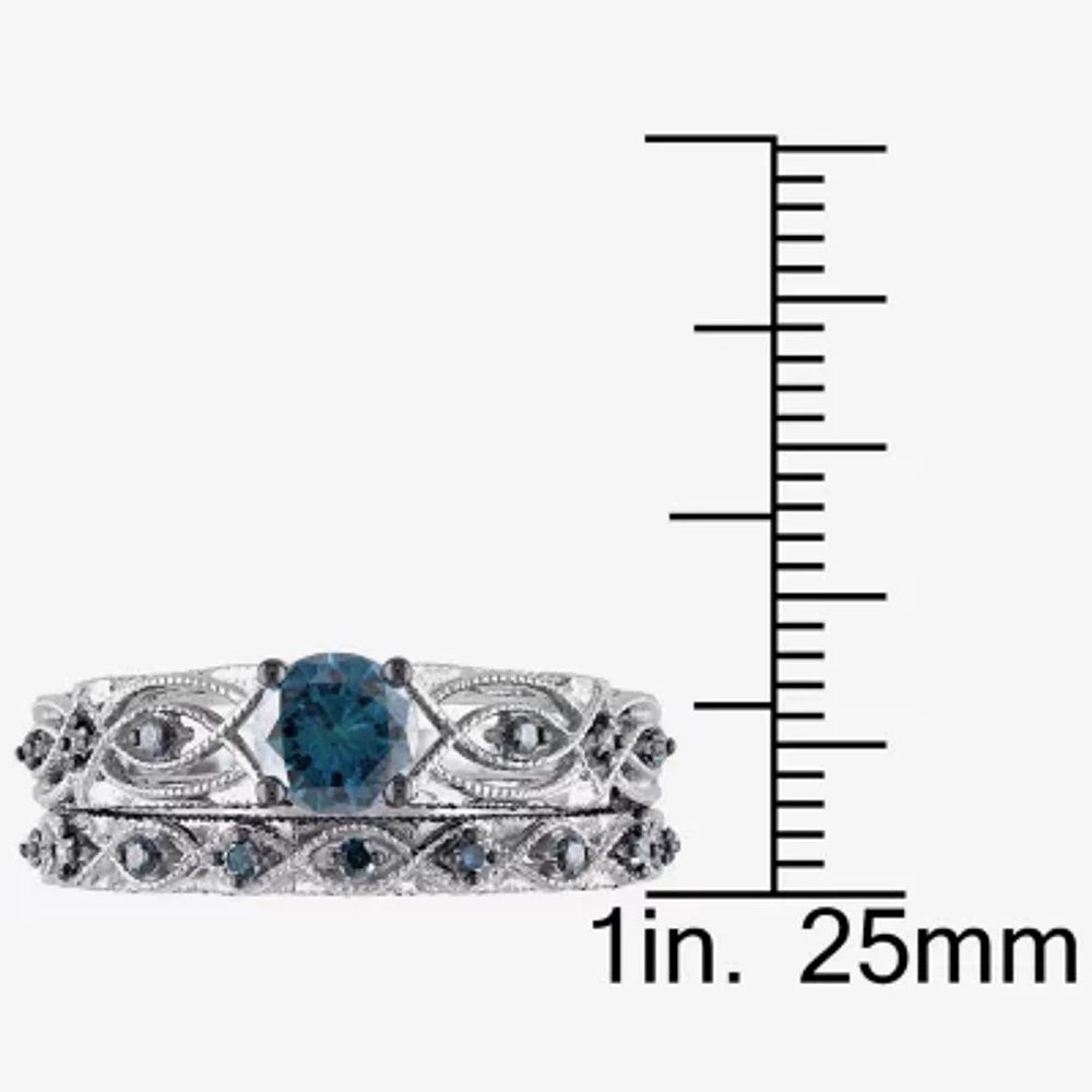 Womens 1 CT. T.W. Natural Blue Diamond 10K Gold Round Bridal Set