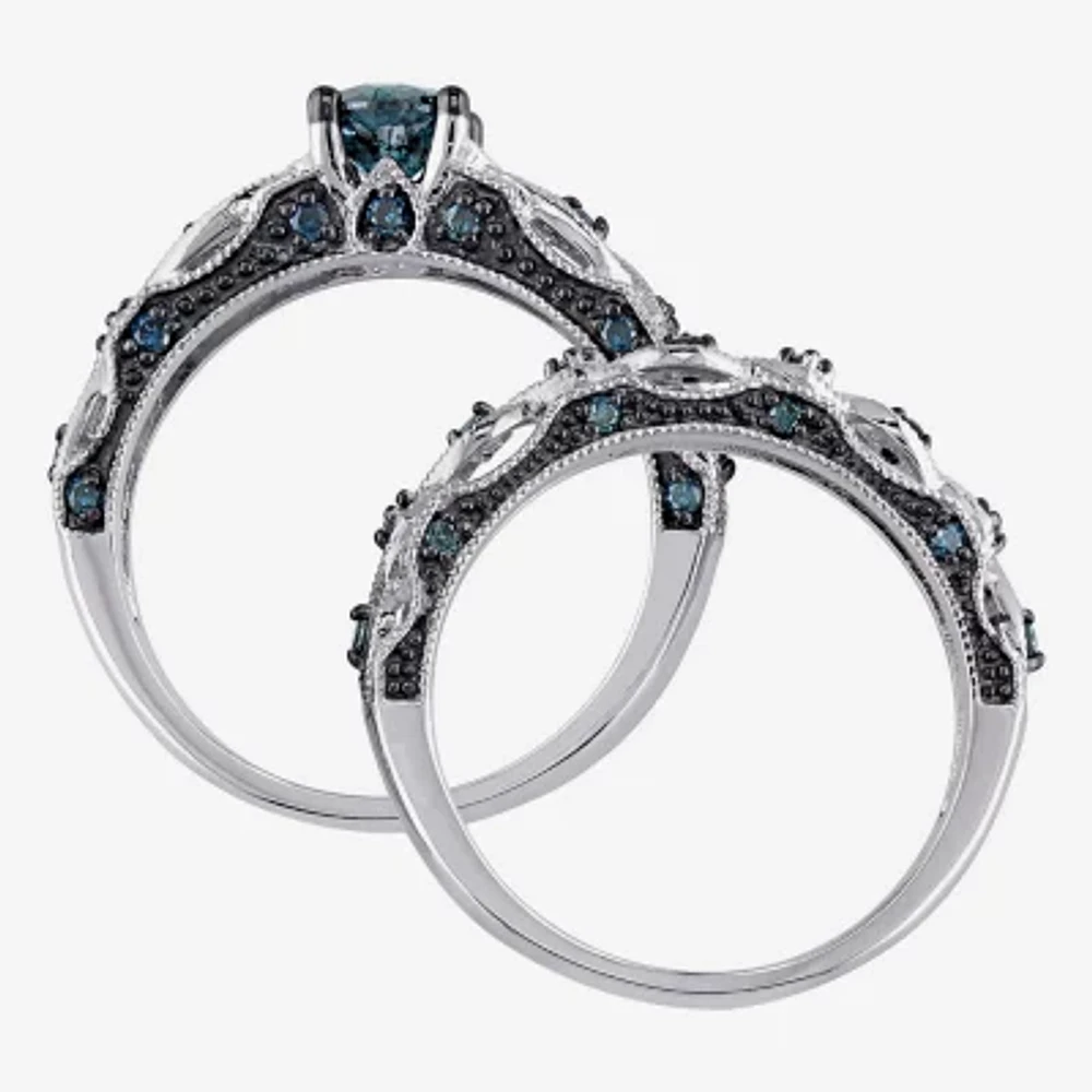 Womens 1 CT. T.W. Natural Blue Diamond 10K Gold Round Bridal Set