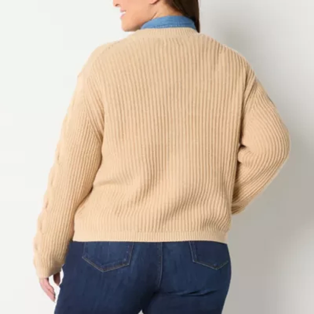 St. John's Bay Womens V Neck Long Sleeve Open Front Plus Cable Knit Cardigan