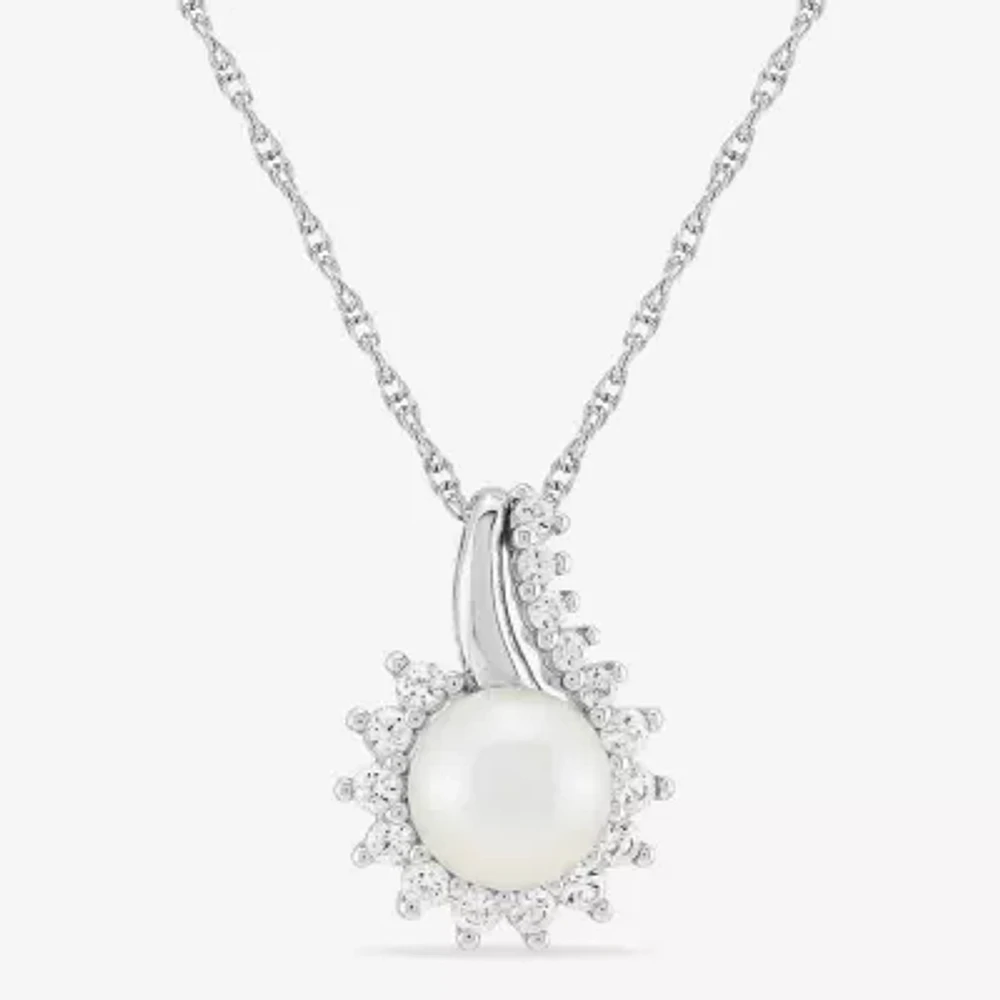 Womens White Cultured Freshwater Pearl Sterling Silver Cushion 18 Inch Pendant Necklace