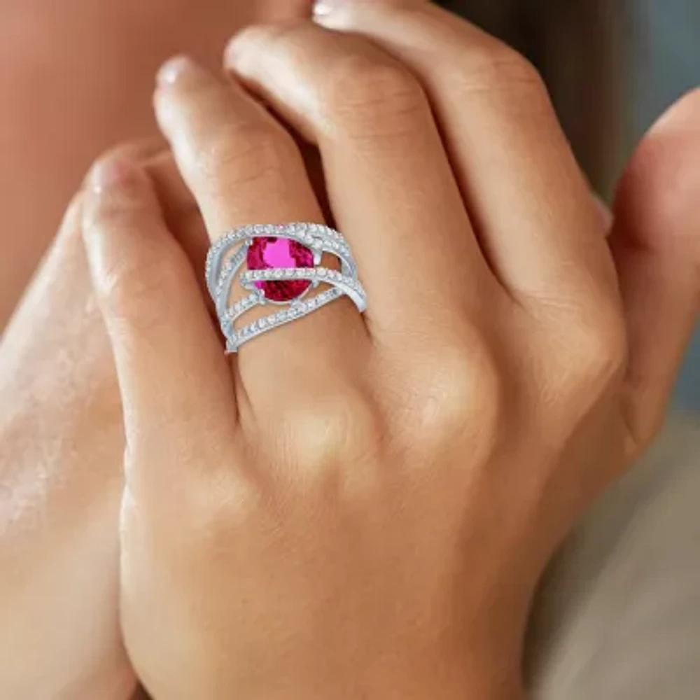 Womens Lab Created Red Ruby Sterling Silver Cocktail Ring