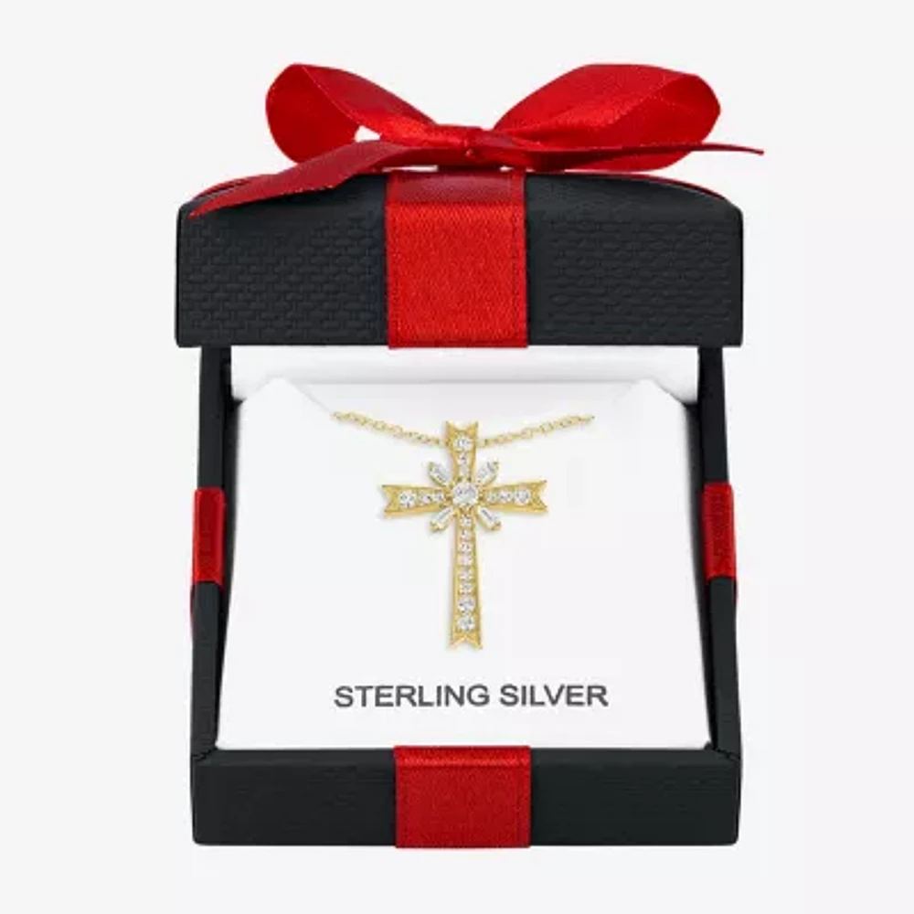 Yes, Please! Womens Lab Created White Sapphire 14K Gold Over Silver Cross 18 Inch Pendant Necklace