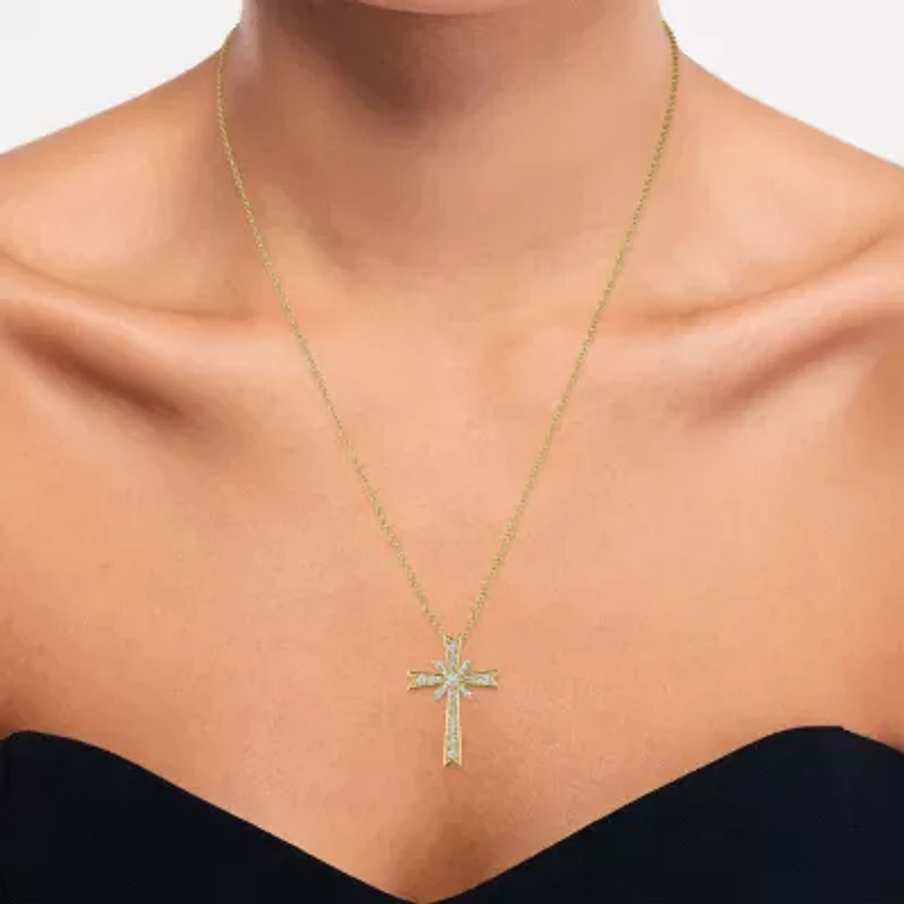 Yes, Please! Womens Lab Created White Sapphire 14K Gold Over Silver Cross 18 Inch Pendant Necklace