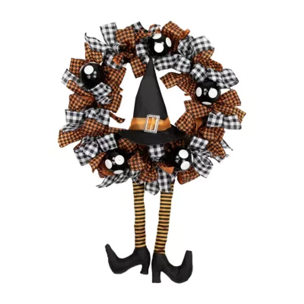 Orange and Black Witch with Bows Halloween Wreath 24-Inch Unlit