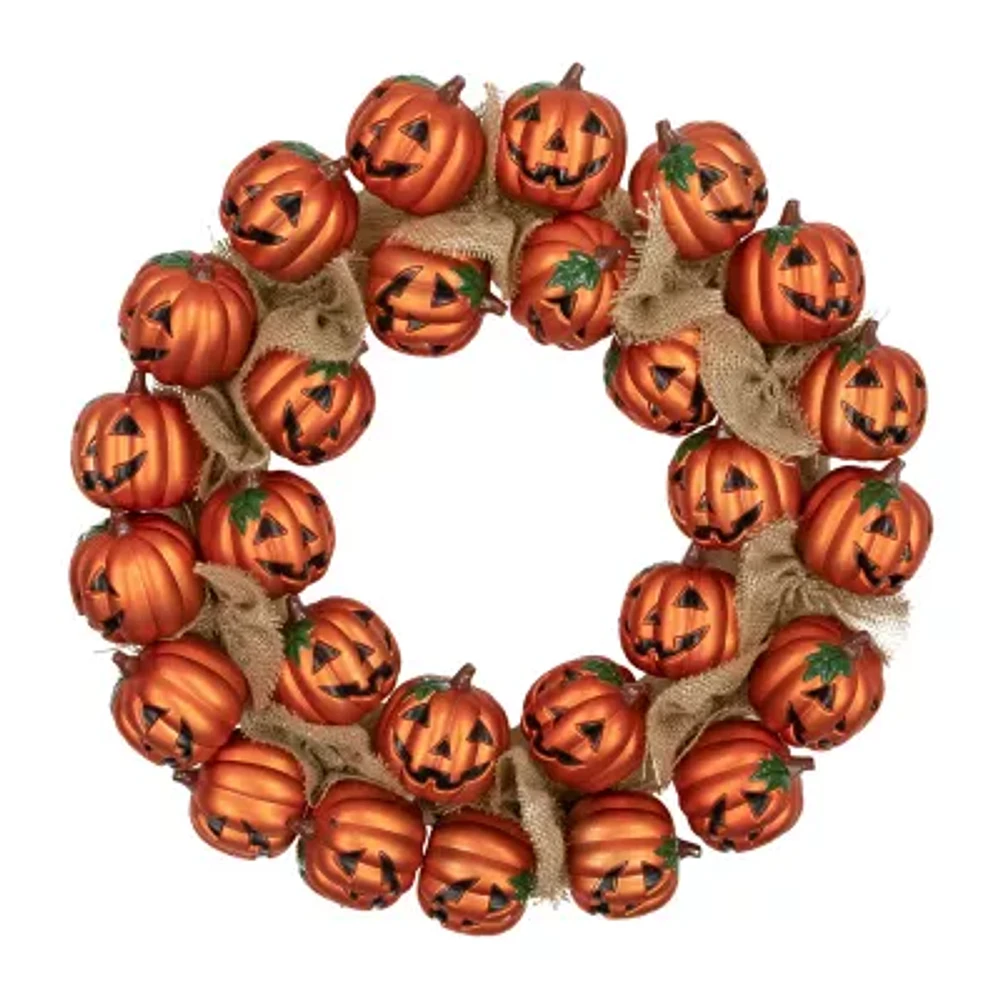 Jack-O-Lantern and Burlap Ribbon Halloween Wreath 20-Inch Unlit