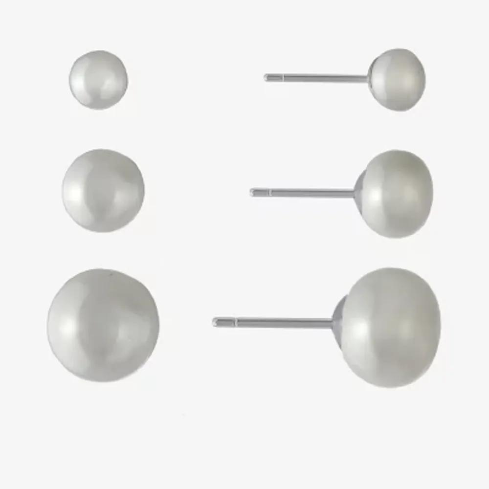Silver Treasures Cultured Freshwater Pearl Womens White Sterling Silver 3 Pair Earring Set