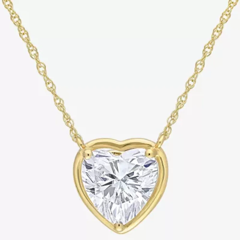 Womens Lab Created White Moissanite 10K Gold Heart 17 Inch Pendant Necklace