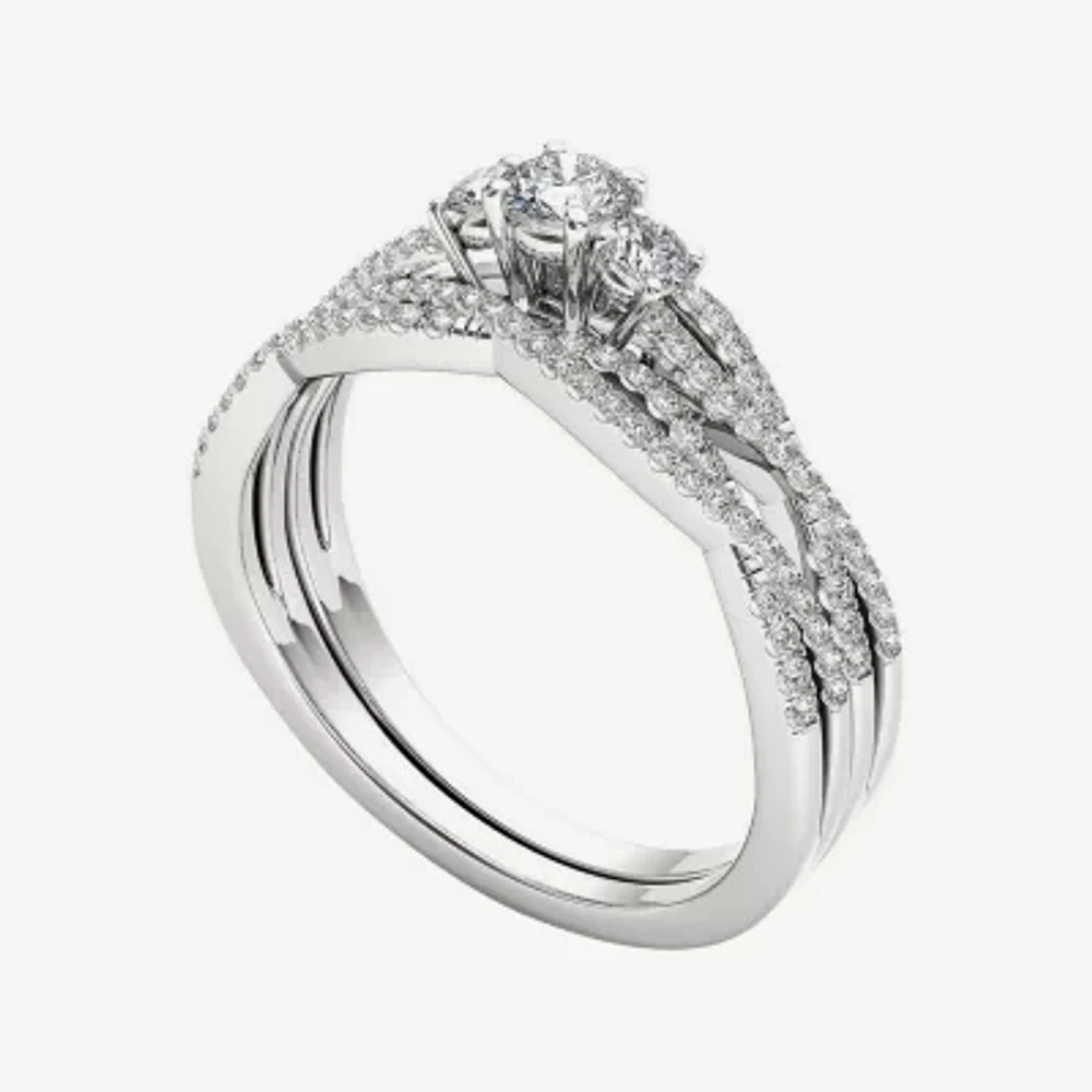 1/2 CT.T.W. Natural Diamond 14K White Gold Crossover Bridal Ring Set