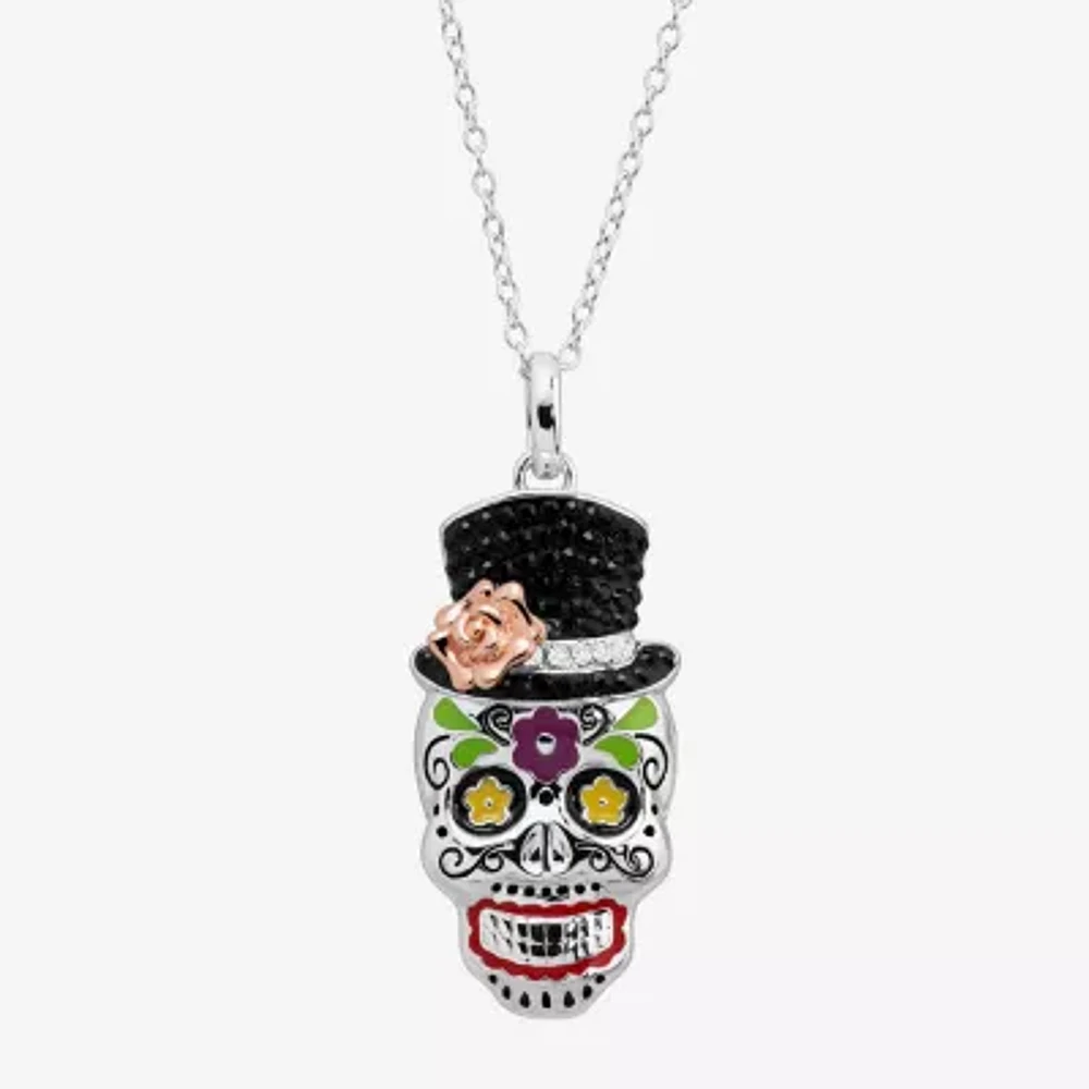 Womens Black Crystal Sterling Silver Skull 18 Inch Pendant Necklace