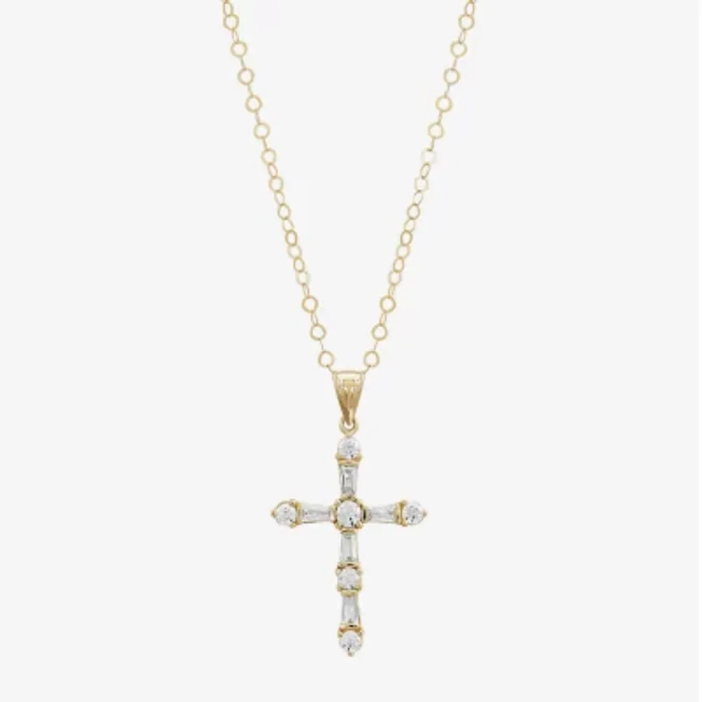 Womens White Cubic Zirconia 10K Gold Cross 18 Inch Pendant Necklace