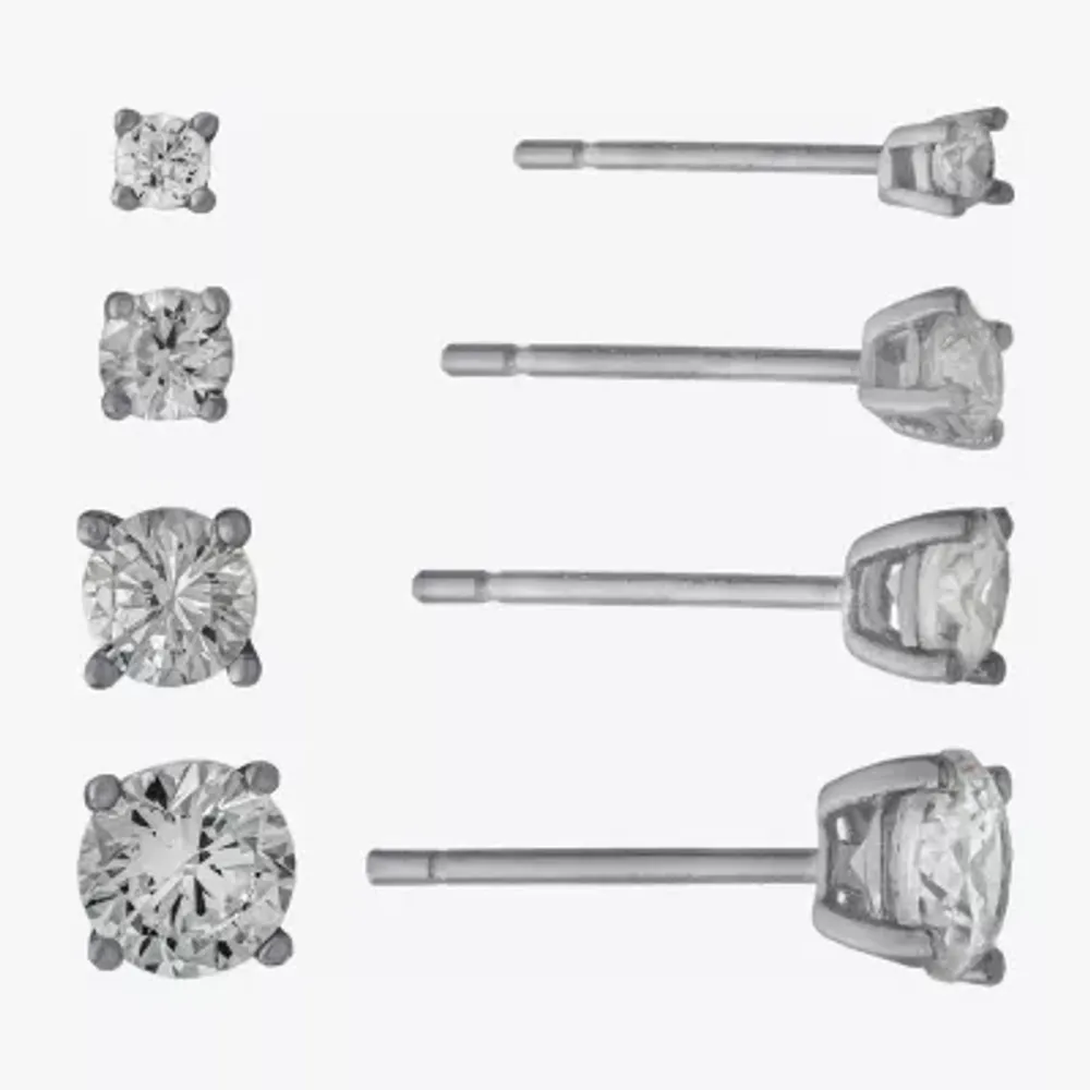 Silver Treasures Womens Cubic Zirconia Sterling Silver Round 4 Pair Earring Set