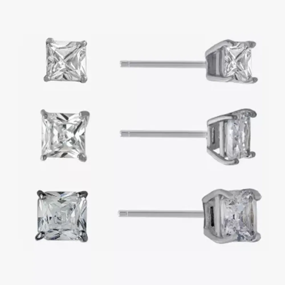 Silver Treasures Womens Cubic Zirconia Sterling Silver Square 3 Pair Earring Set