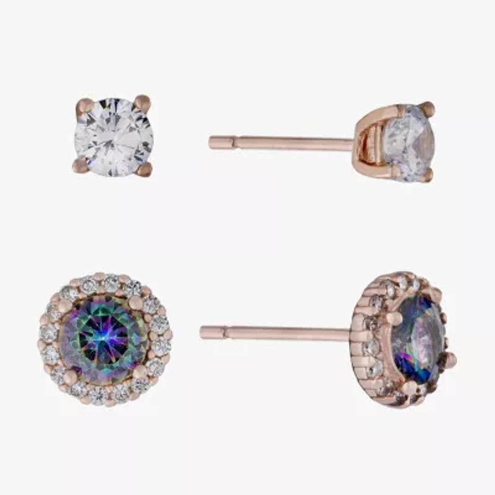 Silver Treasures Womens Multi Color Cubic Zirconia 14K Rose Gold Over Silver 2 Pair Earring Set