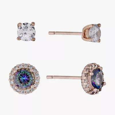 Silver Treasures Womens Multi Color Cubic Zirconia 14K Rose Gold Over Silver 2 Pair Earring Set