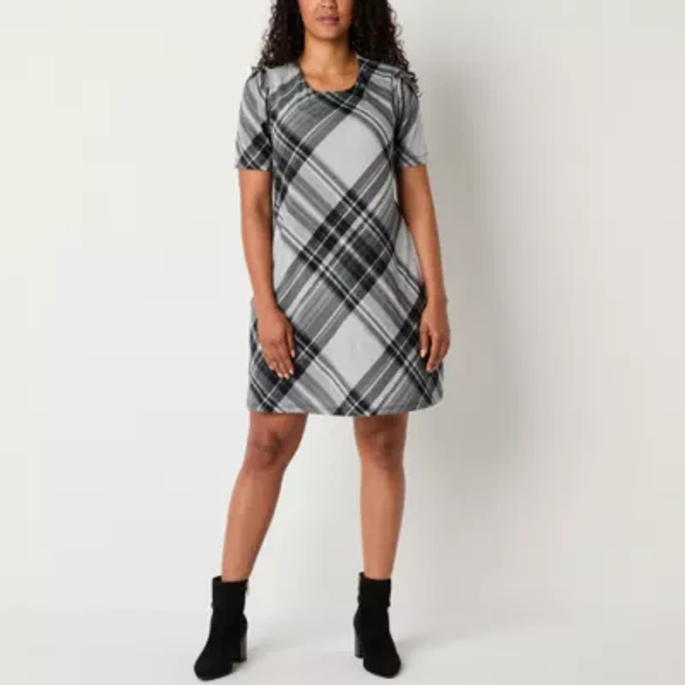 R & K Originals Womens Short Sleeve Plaid Petite Shift Dress