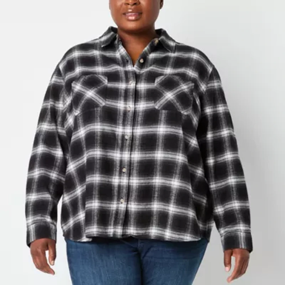 a.n.a Plaid Womens Long Sleeve Plus Blouse