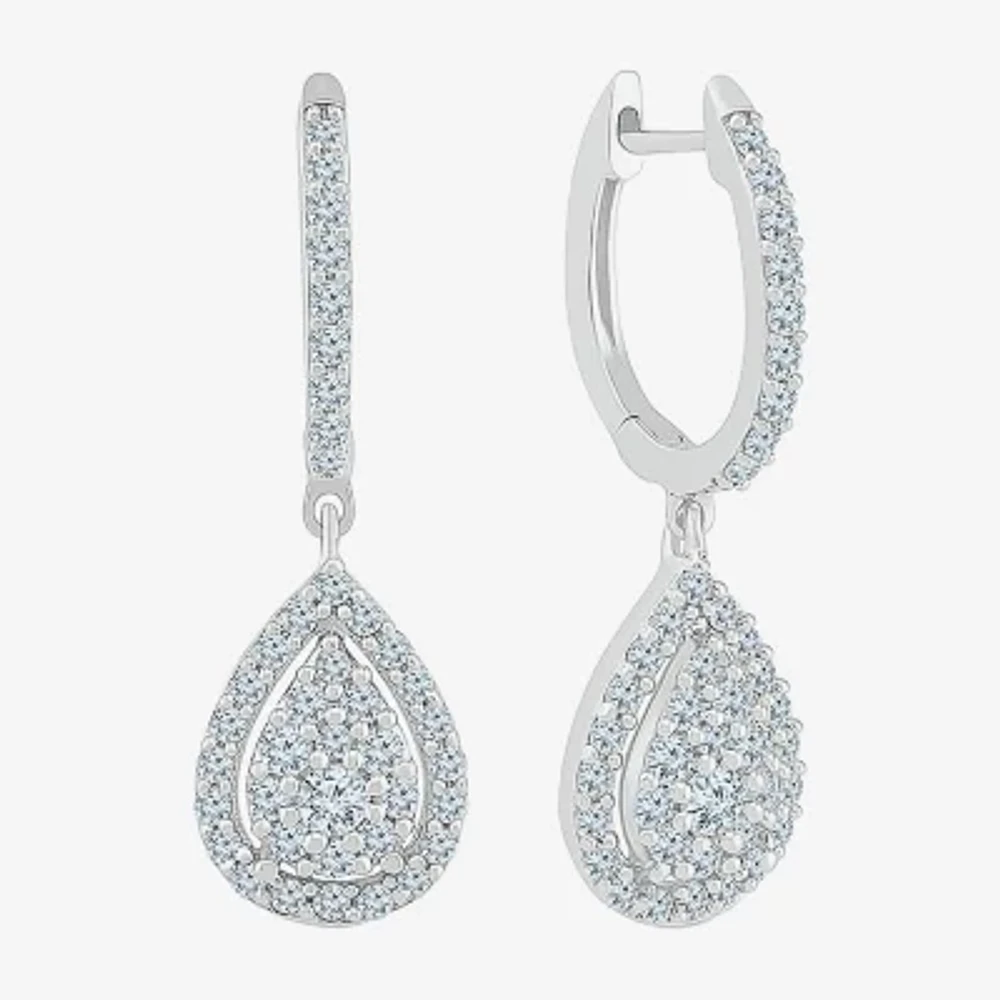 Womens 3/4 CT. T.W. Natural White Diamond 10K White Gold 26.3mm Pear Hoop Earrings