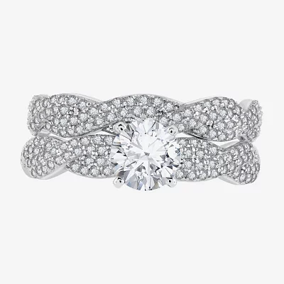 Diamonart Womens Cubic Zirconia Sterling Silver Side Stone Bridal Set
