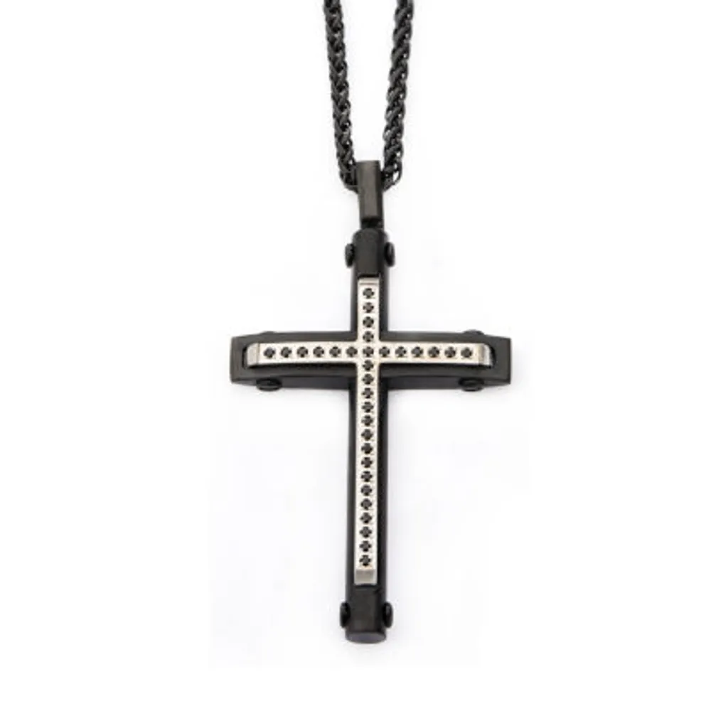 Mens Black Cubic Zirconia Stainless Steel Cross 24 Inch Pendant Necklace